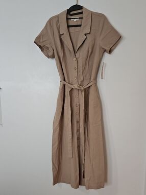 Indigo Rose Classic Button-Front Tan Shirt Dress with Waist Tie